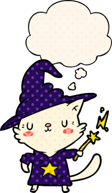 Çizgi roman tarzında bir insan tarafından çizilmiş düşünce baloncuğu olan çizgi film kedi sihirbazı