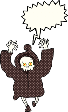 Bir insan tarafından çizilmiş serbest çizilmiş çizgi roman konuşma balonu, dans eden ölüm iskeleti.