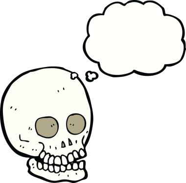 Bir insan tarafından çizilmiş düşünce baloncuklu bir kafatası.