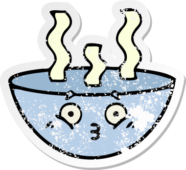 Bir insan tarafından çizilmiş sıcak çorba kasesinin hüzünlü çıkartması.