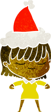 Bir insan tarafından çizilmiş Noel Baba şapkası giyen bir kadının el çizimi karikatürü.