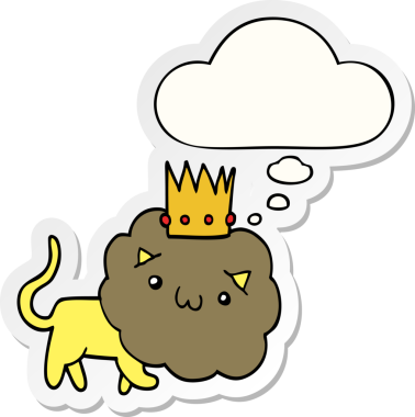 Düşünce baloncuklu taçlı çizgi film aslanı insan tarafından çizilmiş bir çıkartma.