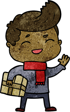 Bir insan tarafından çizilmiş paketle gülen çizgi film adamı.