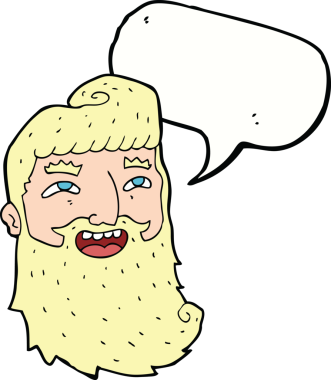 Bir insan tarafından çizilmiş konuşma balonuyla gülen sakallı bir çizgi film adamı.