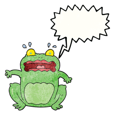 Serbest konuşma baloncuğu desenli komik, korkmuş bir kurbağa insan tarafından çizilmiş.