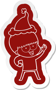 Bir insan tarafından çizilmiş Noel Baba şapkası giyen bir çocuğun komik çizgi film çıkartması.