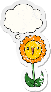 Düşünce baloncuğu olan karikatür çiçeği insan tarafından çizilmiş yıpranmış bir çıkartma gibi.