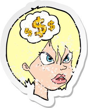 Bir insan tarafından çekilen parayı düşünen karikatürlü bir kadının gerilimli retro yapıştırması.