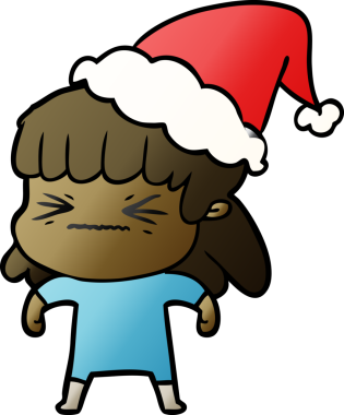 Bir insan tarafından çizilmiş Noel Baba şapkası giymiş bir kadının el çizimi karikatürü.