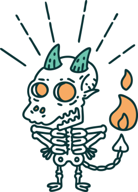 Bir insan tarafından çizilmiş geleneksel dövme stili iskelet iblis karakteri.