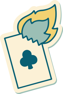 Geleneksel stil dövme çıkartması. Bir insan tarafından çizilmiş alevli kart.