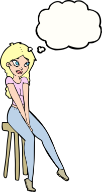 Bir insan tarafından çizilmiş düşünce baloncuğuyla taburedeki güzel kız.