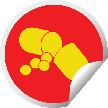 Kapsül hapı illüstrasyon dairesel soyma etiketi bir insan tarafından çizilmiş.