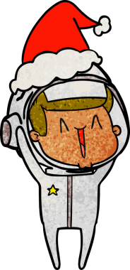 Bir insan tarafından çizilmiş Noel Baba şapkası giymiş bir astronotun çizilmiş mutlu el çizimi karikatürü