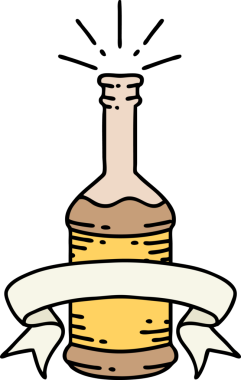 Bir insan tarafından çizilmiş dövme stili bira şişesi olan bir parşömen.