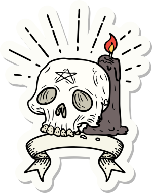 Bir dövme stili, ürkütücü kafatası ve bir insan tarafından çizilmiş mum.