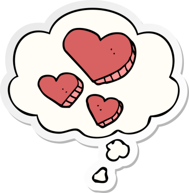 İnsan tarafından çizilmiş bir çıkartma gibi düşünce baloncuklu karikatür aşk kalpleri.