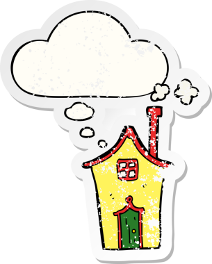 Düşünce baloncuğu olan karikatür evi insan tarafından çizilmiş yıpranmış bir çıkartma gibi.