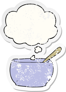 Düşünce baloncuklu çizgi film çorba kasesi insan tarafından çizilmiş yıpranmış bir çıkartma gibi.