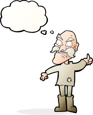 Bir insan tarafından çizilmiş düşünce baloncuğu olan yamalı giysili yaşlı adam çizgi filmi.