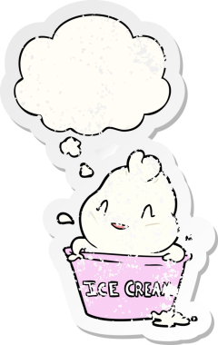 Düşünce baloncuklu tatlı çizgi film dondurması insan tarafından çizilmiş yıpranmış bir çıkartma gibi.