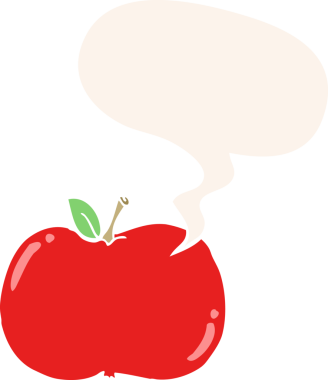 bir insan tarafından çizilmiş, konuşma baloncuklu çizgi film elması.