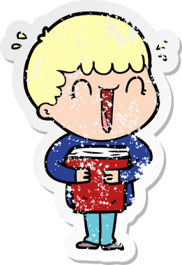 Bir insan tarafından çizilmiş kitabı tutan, gülen bir karikatürcünün sıkıntılı çıkartması.