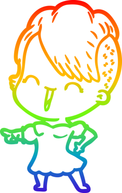 Gökkuşağı gradyan çizgisi mutlu çizgi film hipster kızı bir insan tarafından çizilmiş.