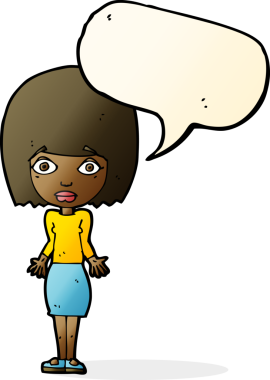 Bir insan tarafından çizilmiş konuşma baloncuğuyla omuz silken çizgi film kadını.