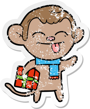 Bir insan tarafından çizilmiş Noel hediyeli komik bir maymunun sıkıntılı çıkartması.