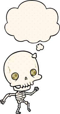 Çizgi roman tarzında bir insan tarafından çizilmiş düşünce baloncuklu bir iskelet.