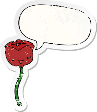 Konuşma baloncuğu olan karikatür çiçeği bir insan tarafından çizilmiş sıkıntılı eski bir çıkartma