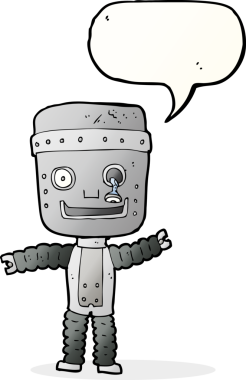 Bir insan tarafından çizilmiş konuşma balonlu komik robot.