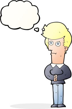 Bir insan tarafından çizilmiş düşünce balonuyla bakan çizgi film adamı.