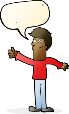 Bir insan tarafından çizilmiş konuşma baloncuğuyla el sallayan mutlu bir adam.