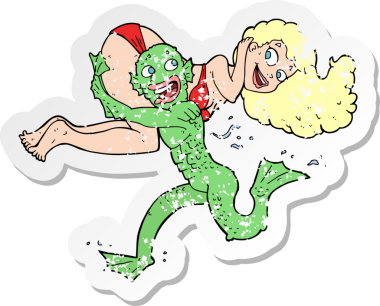 Bir insan tarafından çizilmiş bikinili kızı taşıyan bataklık canavarı karikatür desenli depresif çıkartması.