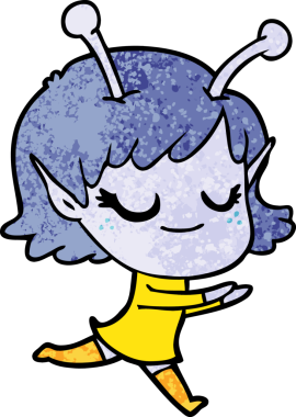 Bir insan tarafından çizilmiş gülümseyen uzaylı kız çizgi filmi.