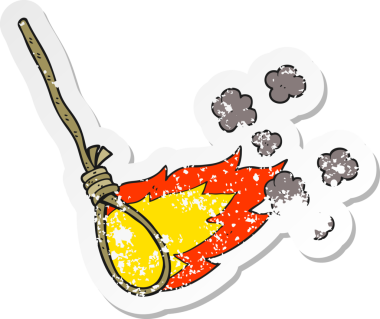 Çizgi film cellatlarının gerilmiş çıkartmaları bir insan tarafından çizilmiş bir ilmeği ateşe veriyor.