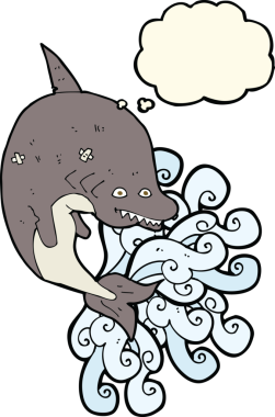 Bir insan tarafından çizilmiş düşünce baloncuklu çizgi film köpekbalığı.