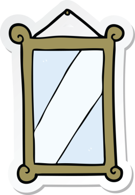 Bir insan tarafından çizilmiş bir karikatür aynasının etiketi.