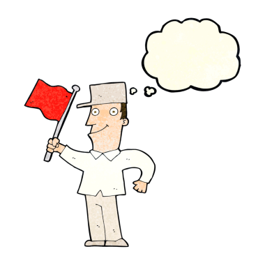 Bir insan tarafından çizilmiş düşünce balonuyla bayrak sallayan çizgi film adamı.