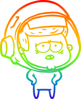 Gökkuşağı gradyan çizgi çizimi bir insan tarafından çizilmiş yorgun astronot