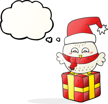 El yazısıyla çizilmiş düşünce balonu karikatürü. Bir insan tarafından çizilmiş şirin noel baykuşu.