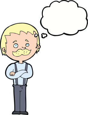 Bir insan tarafından çizilmiş düşünce baloncuklu bıyıklı çizgi film adamı.