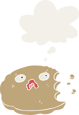 insan tarafından çizilmiş, düşünce baloncuklu karikatür ısırılmış kurabiye.