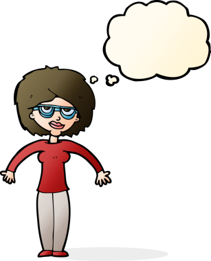 Bir insan tarafından çizilmiş düşünce baloncuğuyla omuz silken çizgi film kadını.