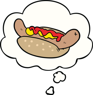 Bir insan tarafından çizilmiş düşünce balonlu sosisli sandviç.