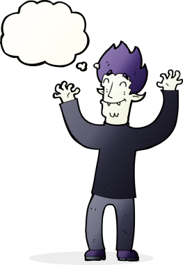 Bir insan tarafından çizilmiş düşünce balonlu mutlu vampir adam çizgi filmi.