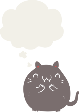 Bir insan tarafından çizilmiş düşünce baloncuklu mutlu çizgi film kedisi.