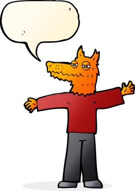 Bir insan tarafından çizilmiş konuşma balonlu mutlu tilki adam.